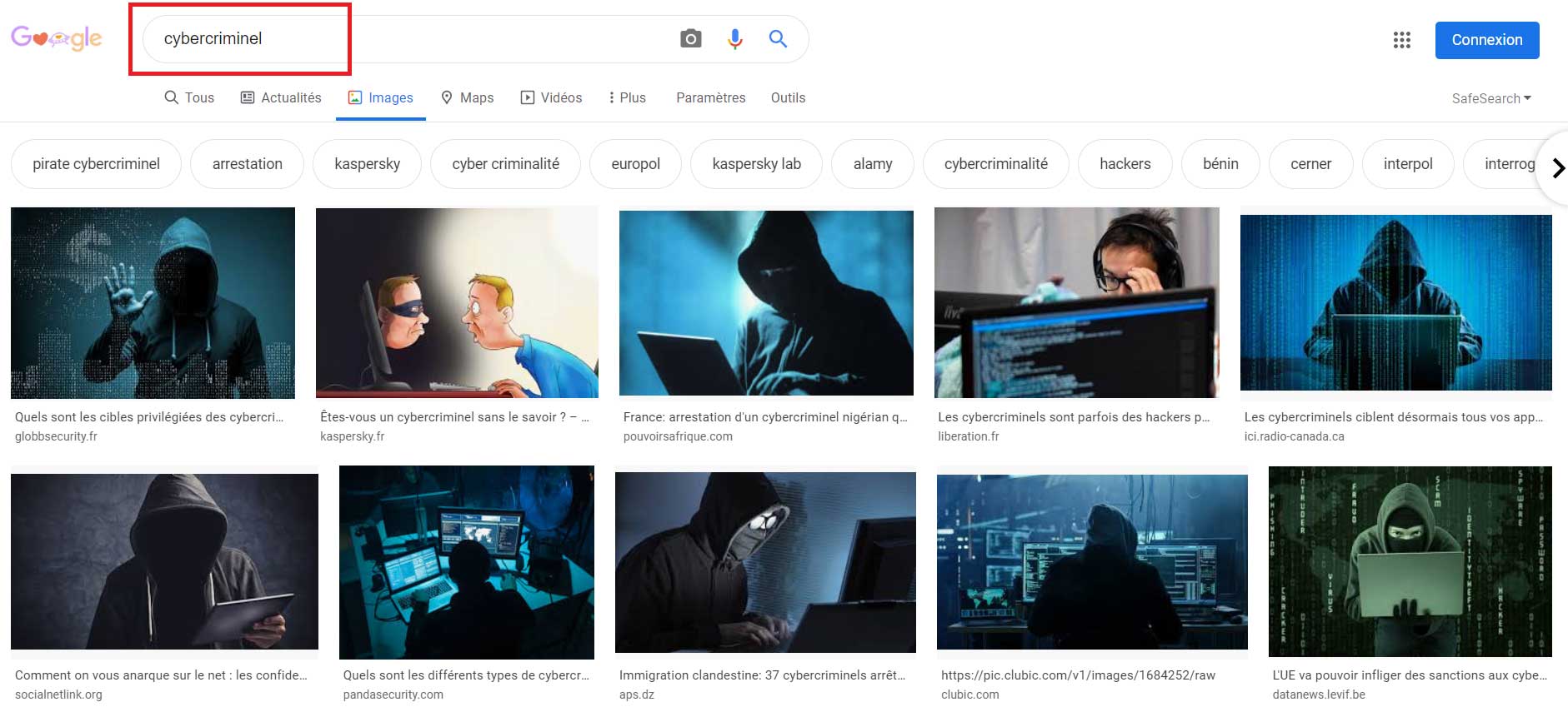 Recherche Google avec le mot clé cybercriminel.